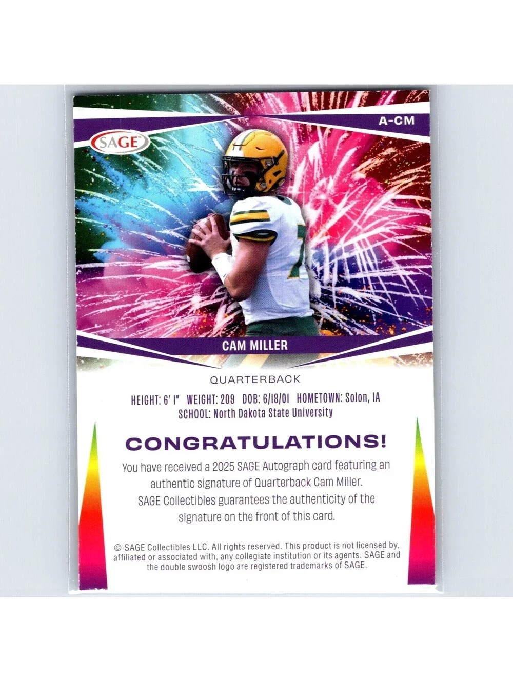 2025 SAGE - Cam Miller Autograph A-CM - North Dakota State